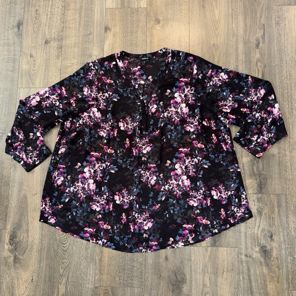 Torrid Women Plus Sz 4 Floral Shirt Pullover Boho Peasant‎ Summer Blouse Black